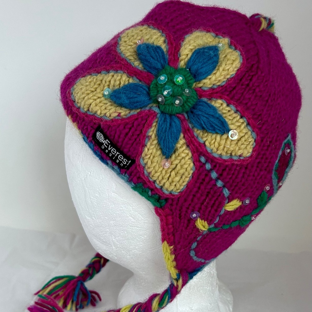 Everest Deesigns kids girl hat 100% wool earflaps flower ages 5-12